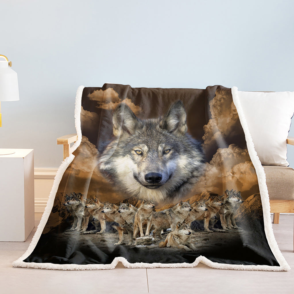 Indian Wolf Sherpa Fleece Blanket | Native American Design | 50x60 & 60x80 Inch