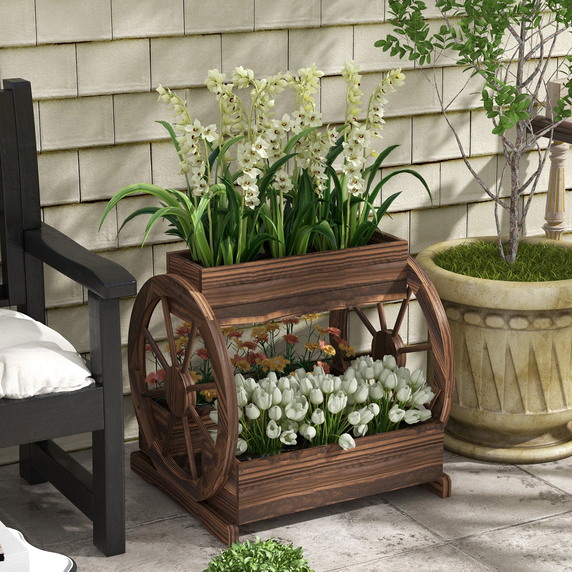 Wooden Wagon Planter Box, 3-Tier Raised Garden Bed, For Vegetables Flowers Herbs