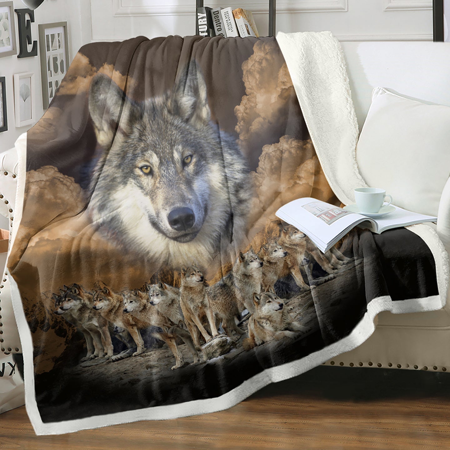 Indian Wolf Sherpa Fleece Blanket | Native American Design | 50x60 & 60x80 Inch