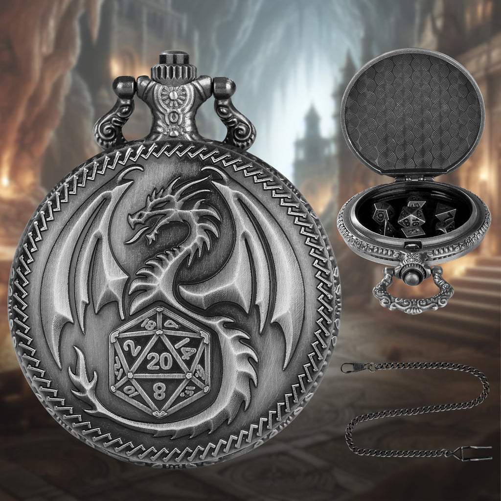 Retro Pocket Watch & 7-Piece DND Metal Dice Set – RPG Gift Bundle