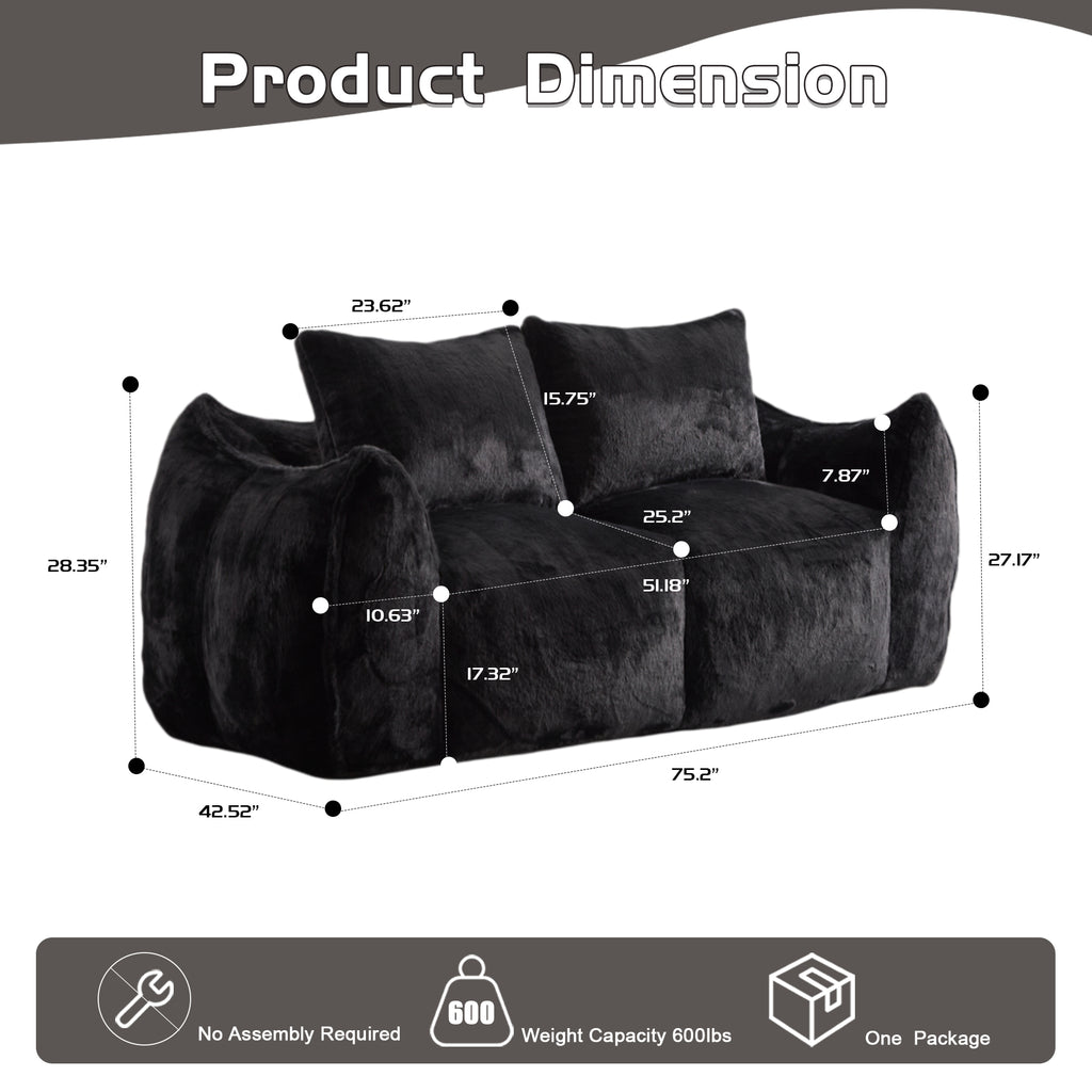 Giant Bean Bag Loveseat — Oversized Fluffy Sofa Chair with Pillows, Black