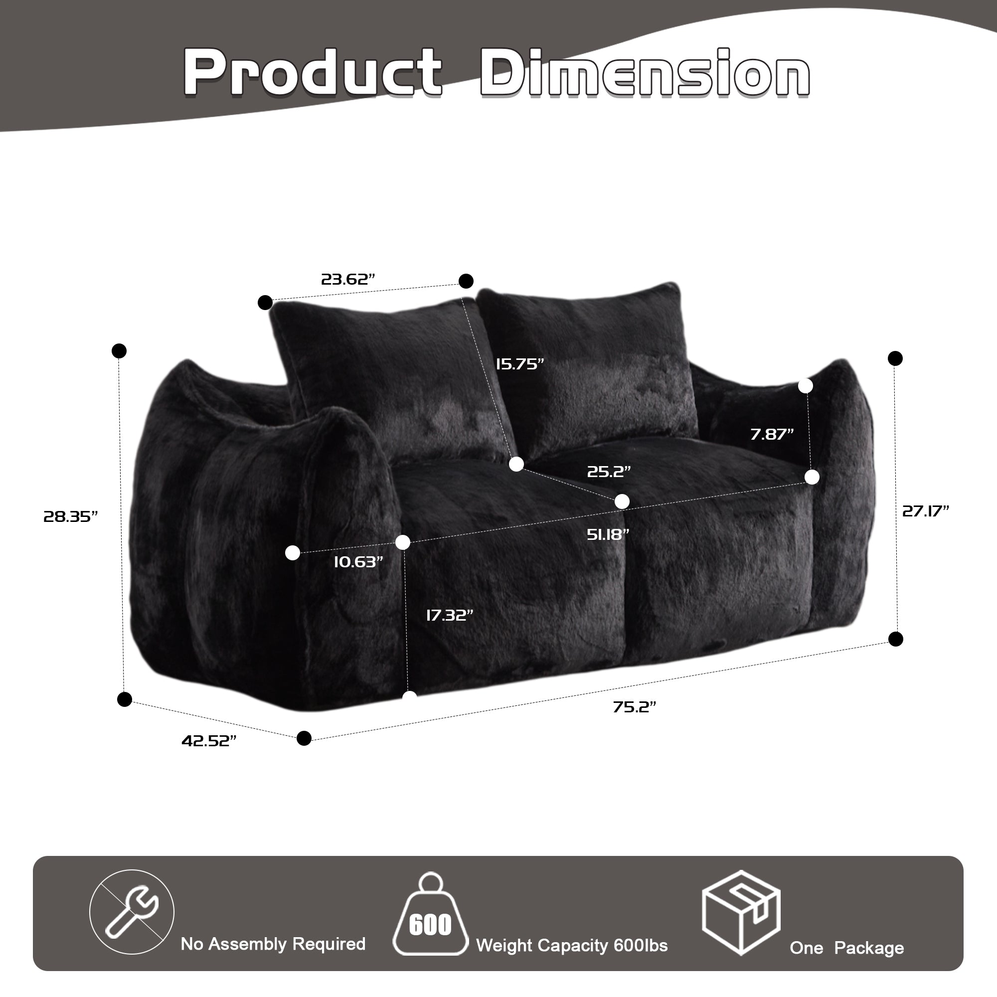 Giant Bean Bag Loveseat — Oversized Fluffy Sofa Chair with Pillows, Black