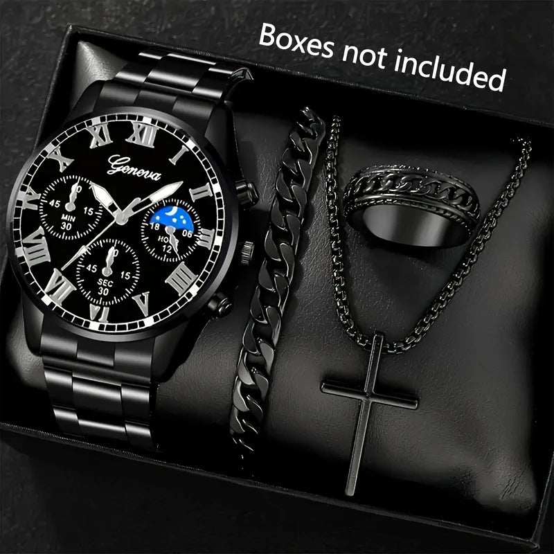 Mens Quartz Watch Necklace  Bracelet And Ring 4-Piece Set
