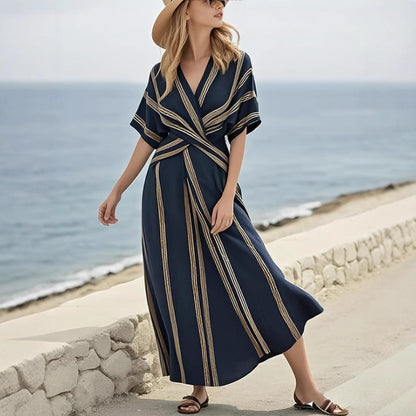 Women's Striped Boho Maxi Dress – V-Neck Short Sleeve A-Line Beach Dress