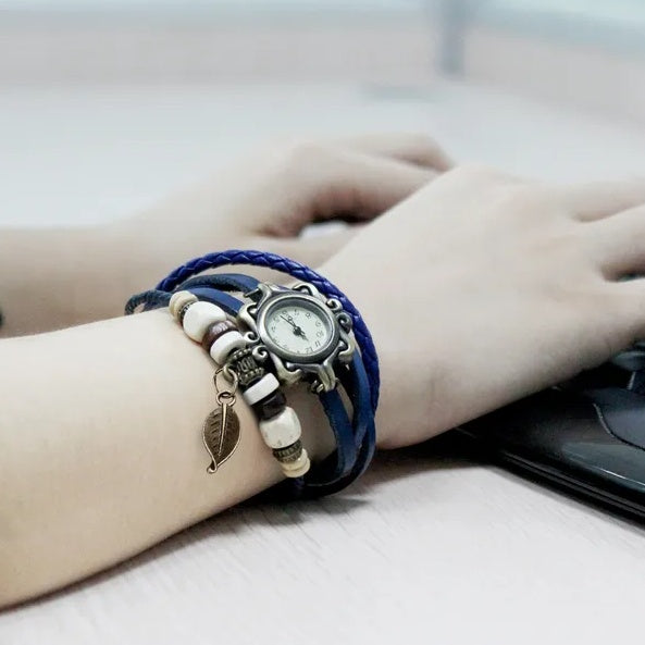 Women's Bohemian Leather Leaf Bracelet Watch – Handwoven Quartz Watch in Blue