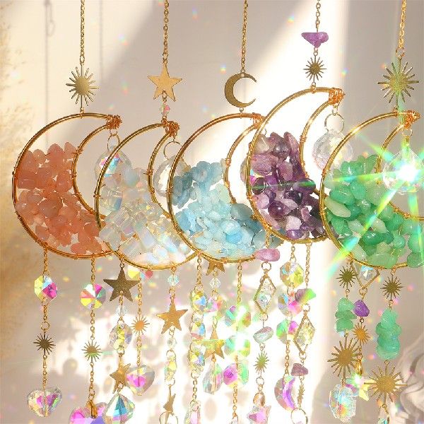 Moon & Stars Crystal Car Charm - Reflective Metal Hanging Ornament for Rearview Mirror
