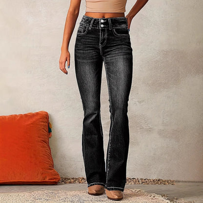 👖 Women’s Skinny Flared Jeans – Slim Fit Denim Pants with Pockets & Button Zipper