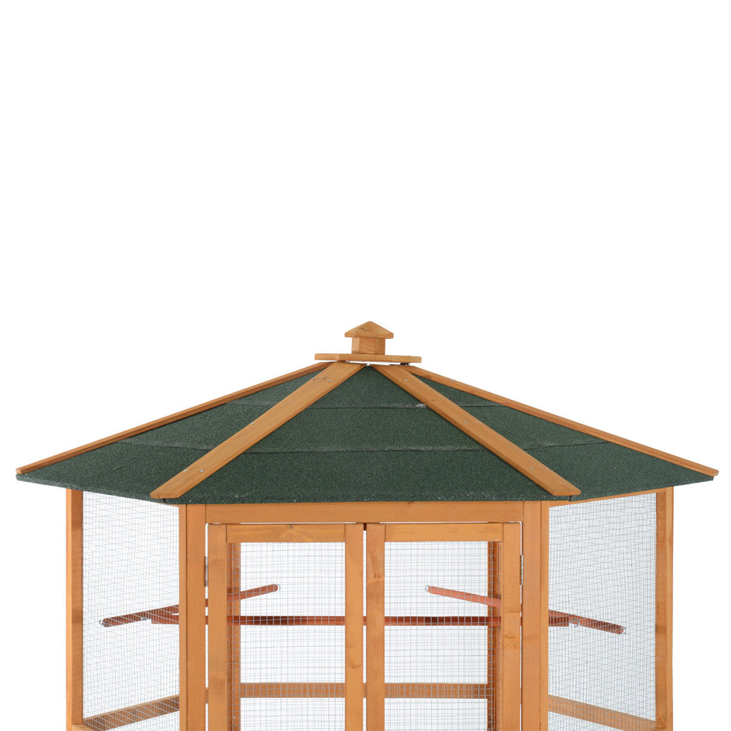 Large Wooden Bird Aviary – Hexagonal Outdoor Flight Cage with Covered Roof