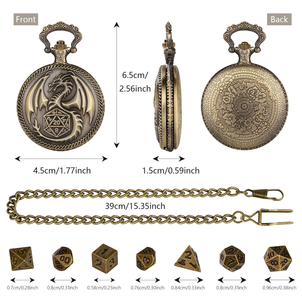 Retro Pocket Watch & 7-Piece DND Metal Dice Set – RPG Gift Bundle