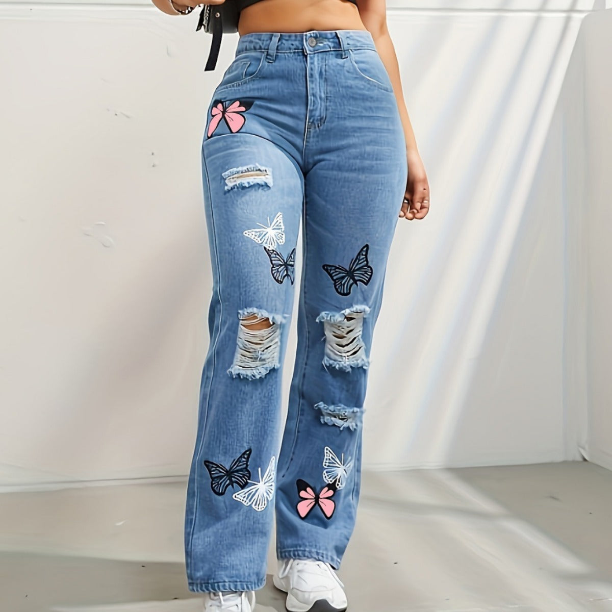 Women's Butterfly Print High Waist Straight Leg Jeans