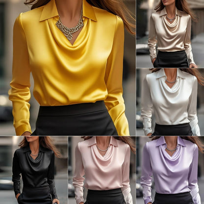 Women's Elegant Solid Satin Blouse with Draped Swing Collar