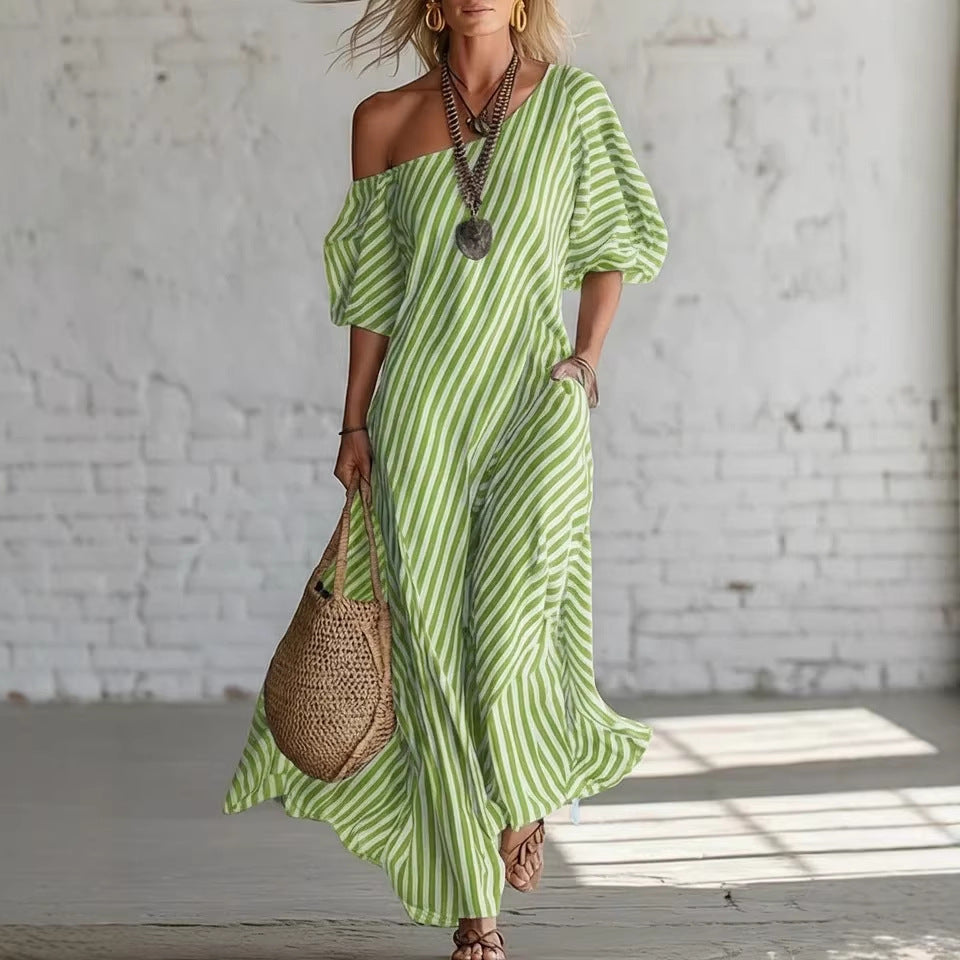 Women's Striped Off-Shoulder Maxi Dress
