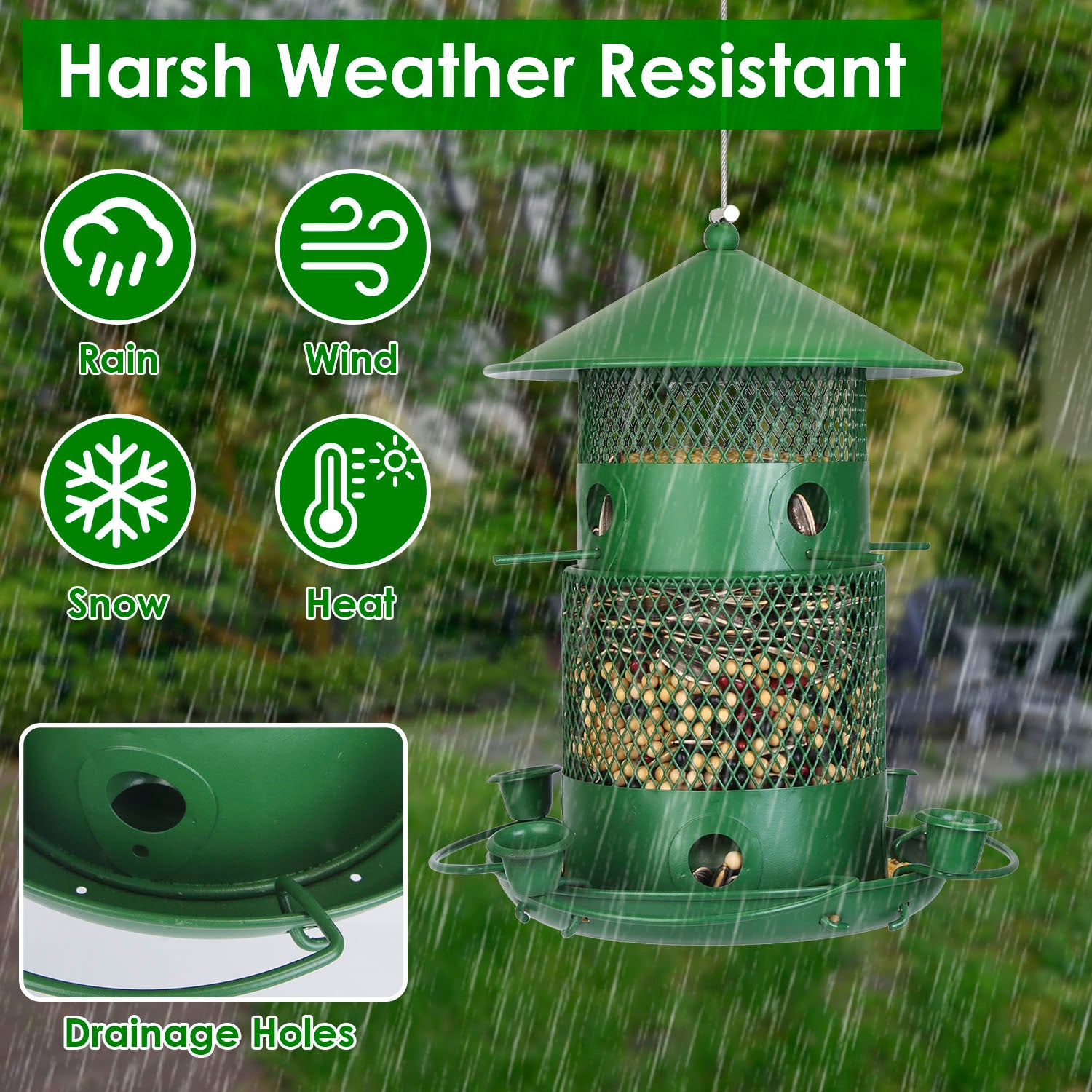 3-Tier Squirrel-Proof Metal Wild Bird Feeder – 360° Perches & Water Cups, Outdoor Hanging
