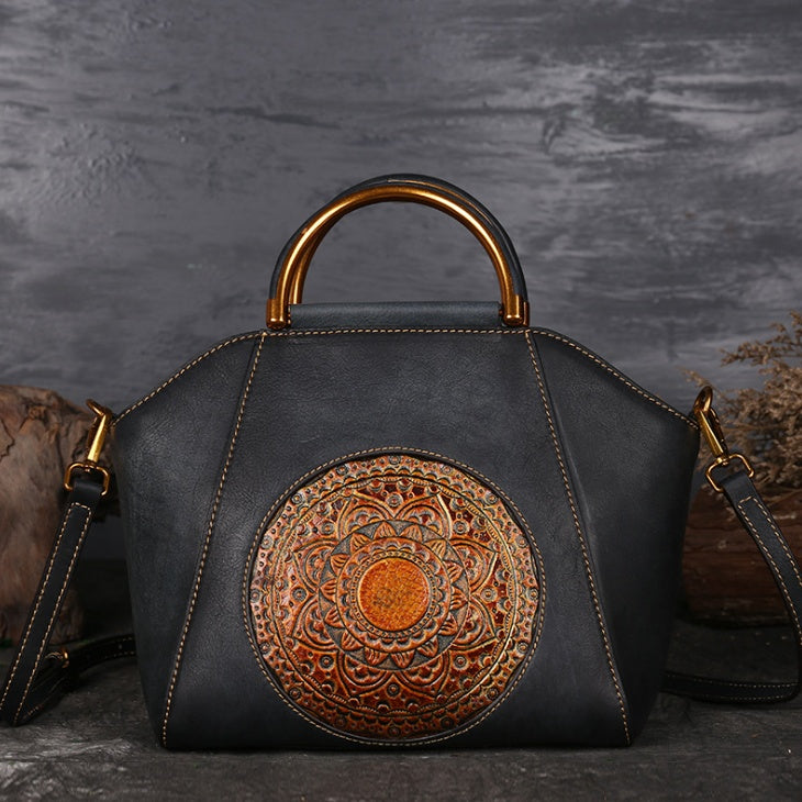 Embossed Leather Messenger Bag - Totem Pattern