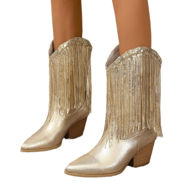 European & American Retro Western Boots for Women — Chunky Heel, Pleated Design, Mid-Fashion Knight Style