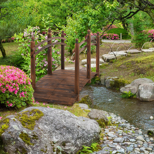7.5' Fir Wood Garden Bridge Arc Walkway with Side Railings, Perfect for Backyards, Gardens, & Streams, Carbonized