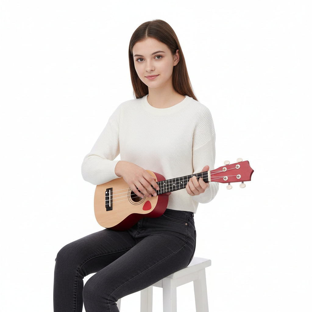 A wooden guitar for children.