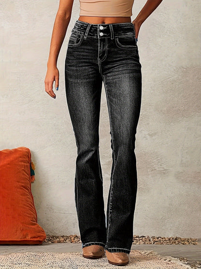 👖 Women’s Skinny Flared Jeans – Slim Fit Denim Pants with Pockets & Button Zipper