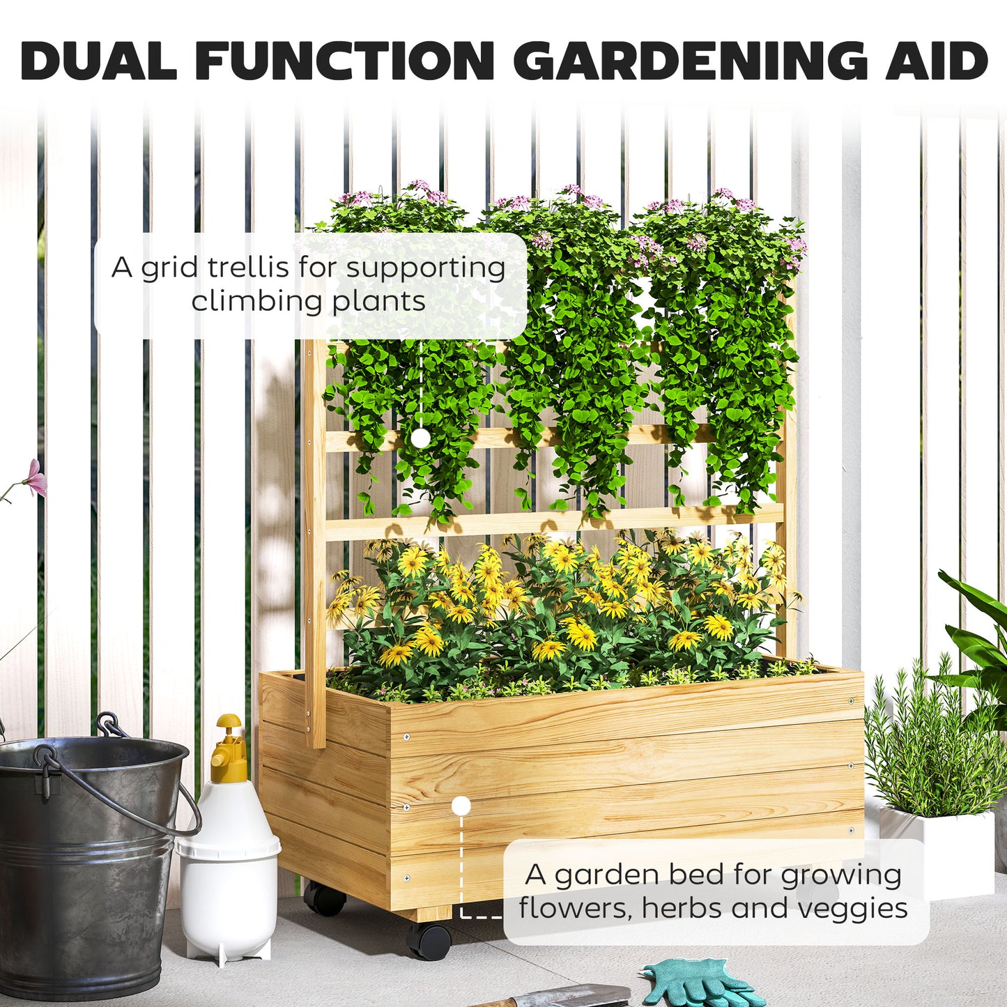 Mobile Raised Garden Bed with Trellis - Elevated Planter on Wheels
