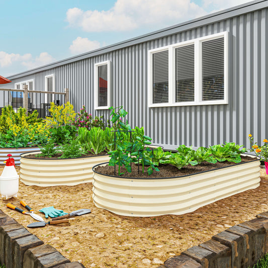 7' x 3' x 1' Raised Garden Bed Set, 2PCS Raised Beds for Gardening with Metal Plant Stakes, Cream White