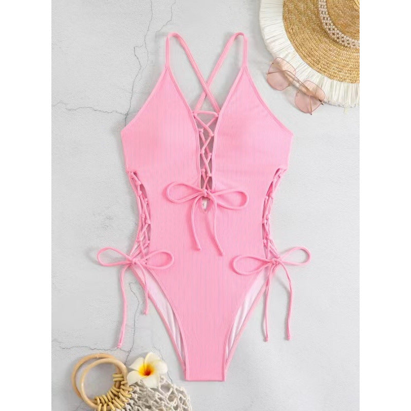 Women's Backless One-Piece Swimsuit – Solid Color Sleeveless Bathing Suit