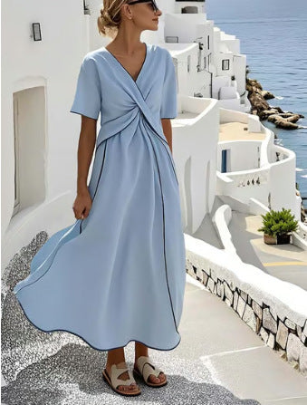 Women's Striped Boho Maxi Dress – V-Neck Short Sleeve A-Line Beach Dress
