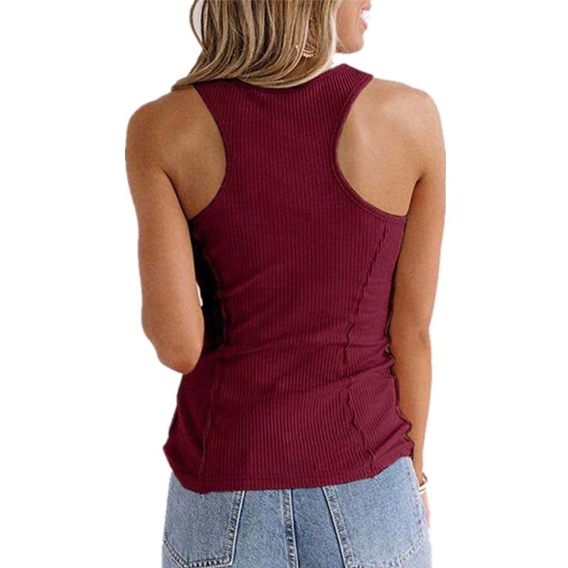 Solid Color Button Sleeveless Tank Top T Shirt Women