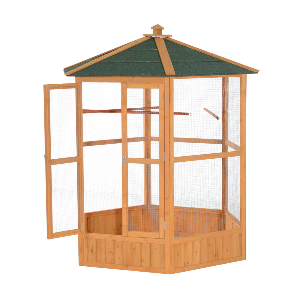 Large Wooden Bird Aviary – Hexagonal Outdoor Flight Cage with Covered Roof