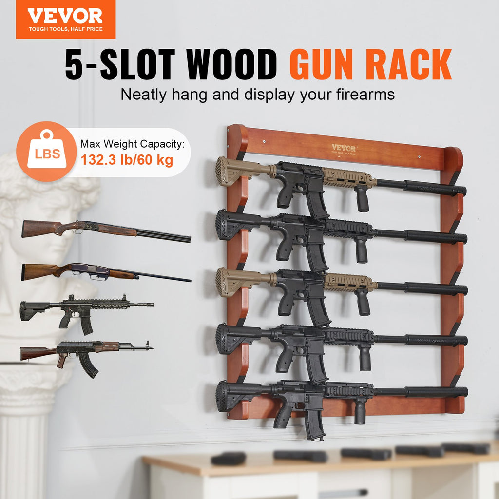 Gun Rack, Wood Gun Rack Wall Mount, Gun Display Rack Holds 5 Rifles, Shotguns, 132 Lb Heavy Duty Wall Storage Display Rifle Rack With Soft Padding