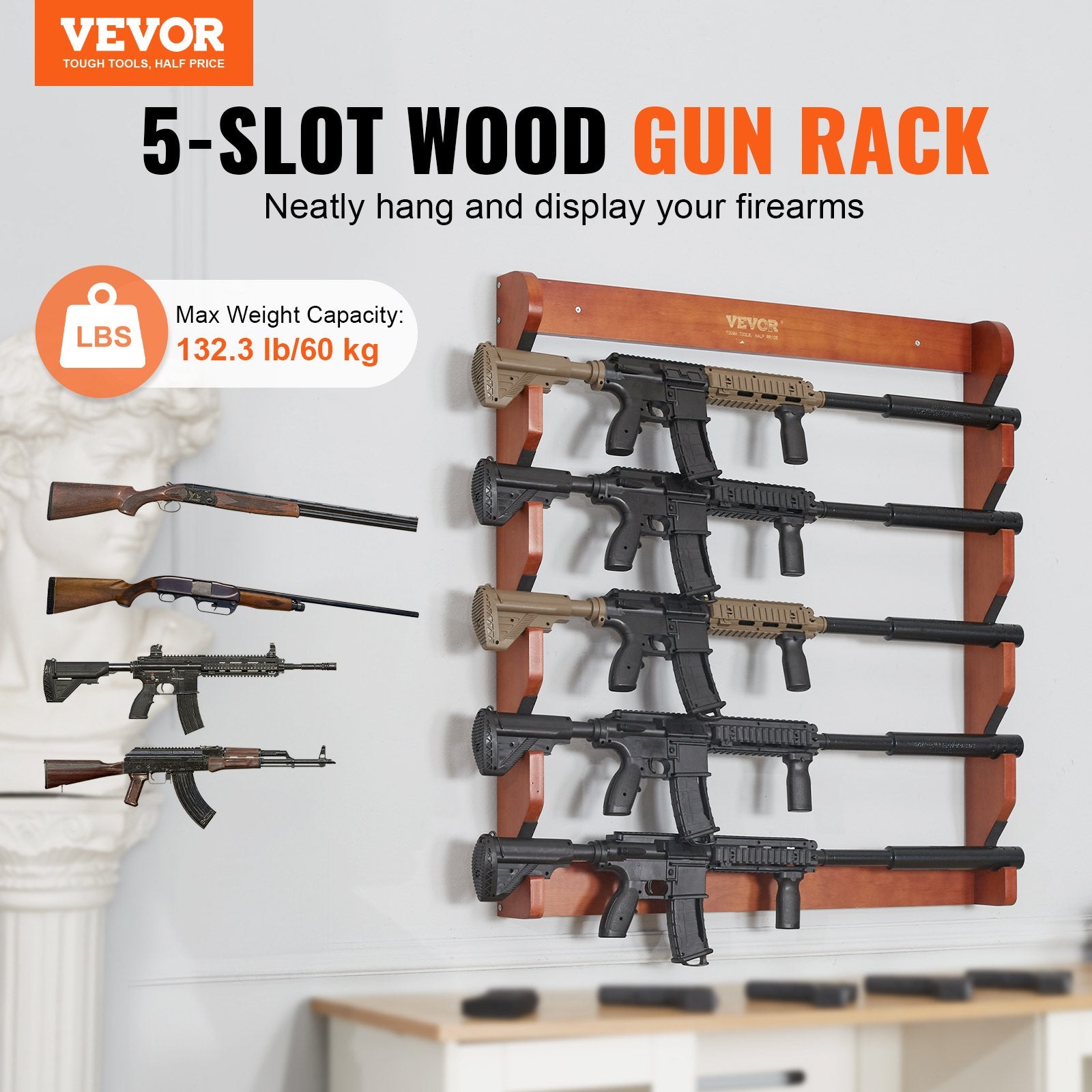 Gun Rack, Wood Gun Rack Wall Mount, Gun Display Rack Holds 5 Rifles, Shotguns, 132 Lb Heavy Duty Wall Storage Display Rifle Rack With Soft Padding