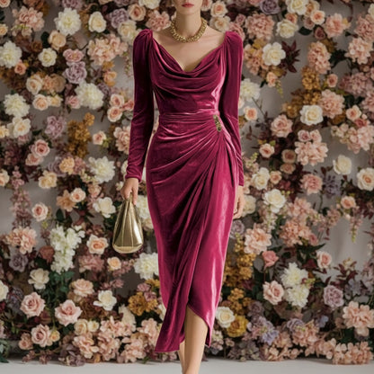 Long-Sleeved Pleated Velvet Sheath Dress with High Slit.