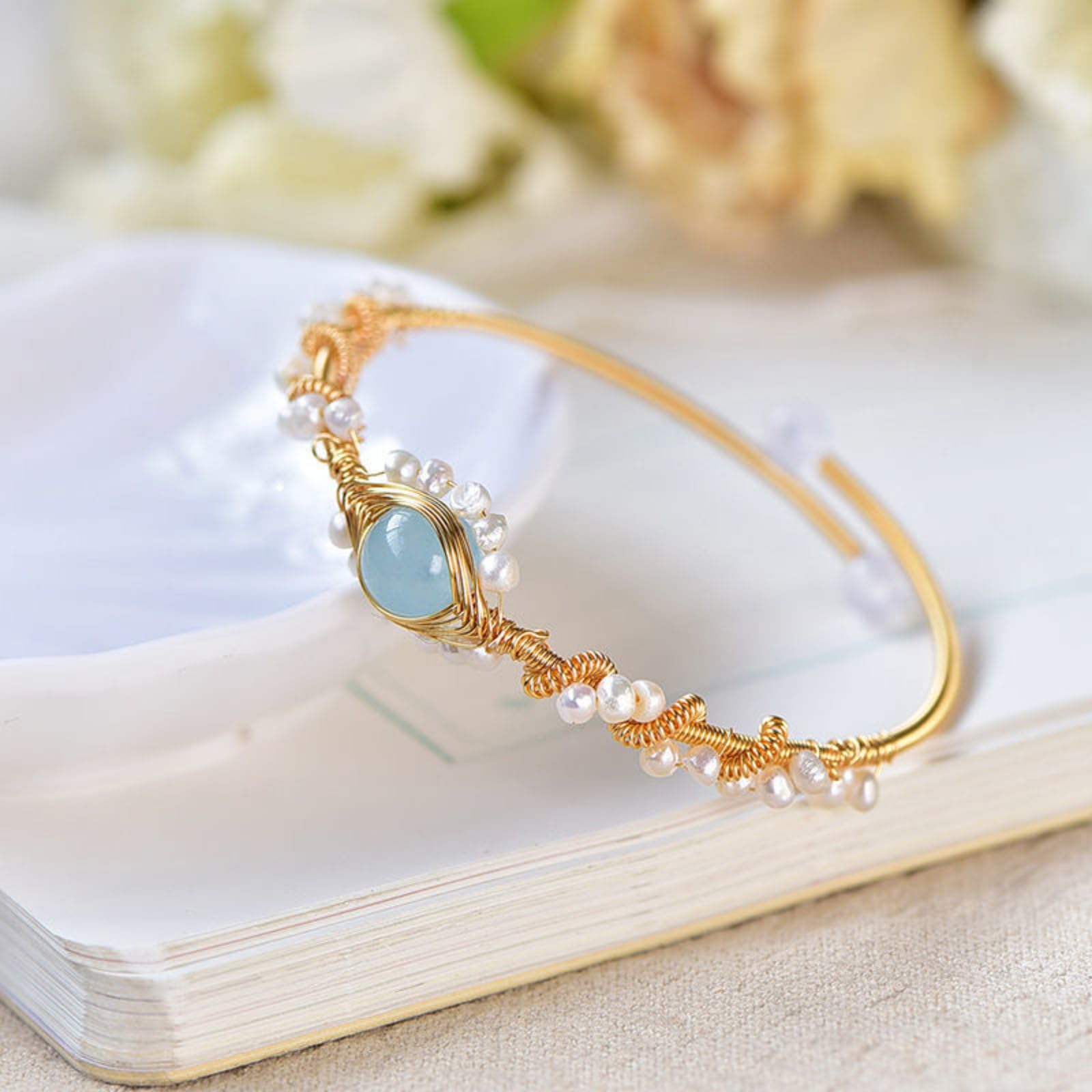 Vintage Pearl Cuff Bracelet – Gold Wire Wrapped Multi-Strand Women's Bangle
