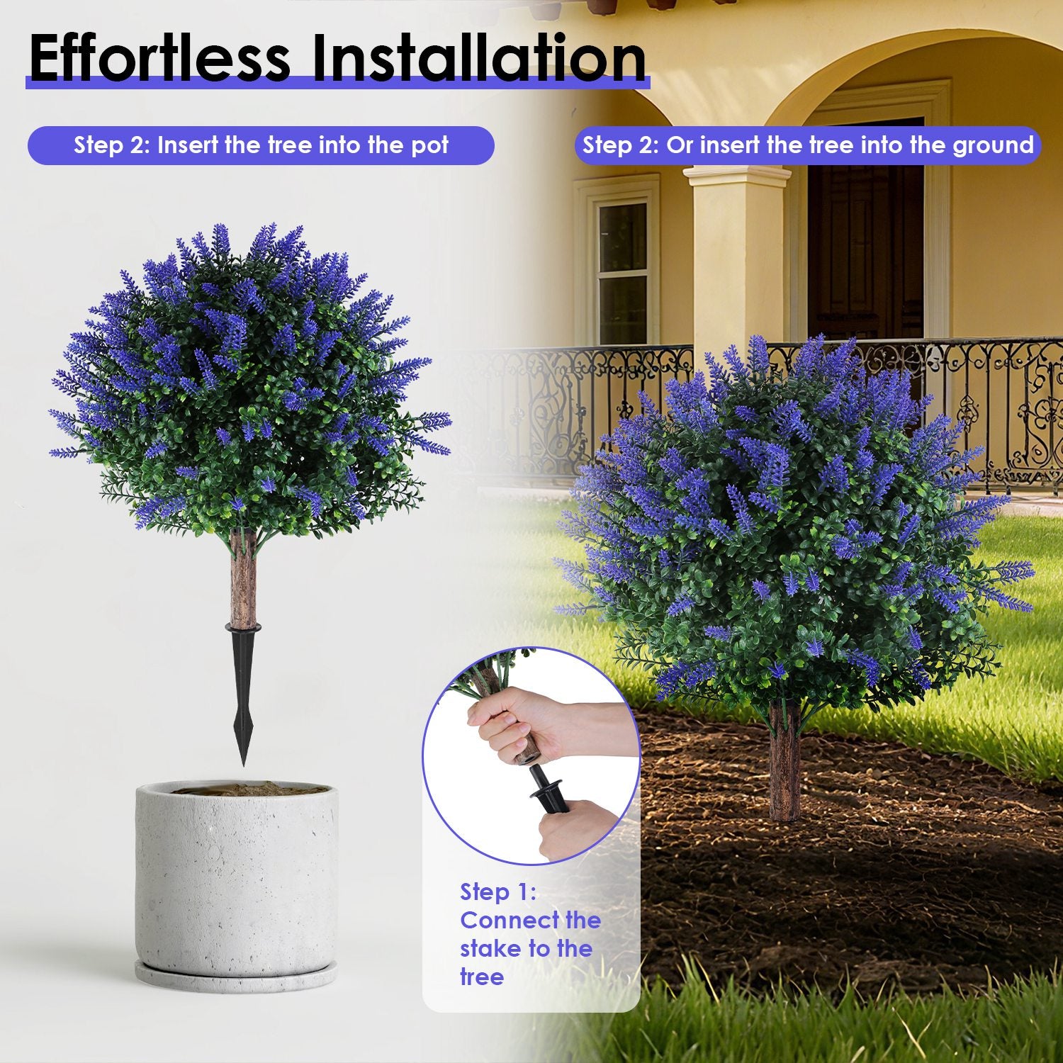 2 Packs Artificial Lavender Topiary Ball Trees UV Resistant Artificial Shrubs Fake Plants Evergreen Artificial Bush With Ground Spike For Indoor Outdoor Front Porch Garden