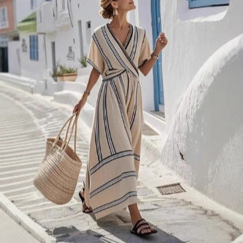 Women's Striped Boho Maxi Dress – V-Neck Short Sleeve A-Line Beach Dress