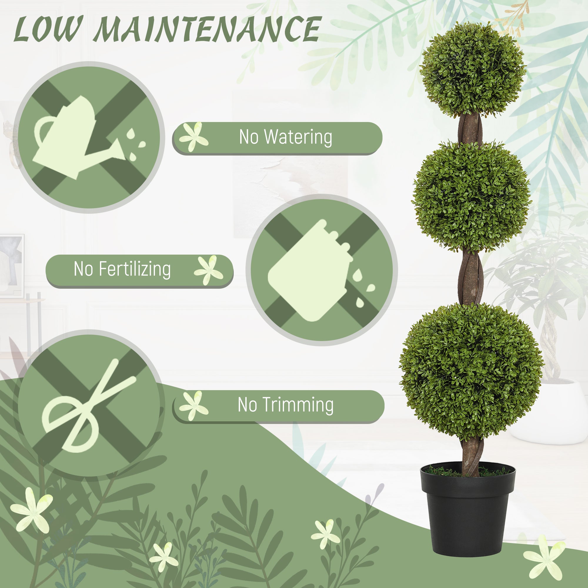 Set Of 2 Artificial Ball Boxwood Topiary Trees, Fake Plants In Pots For Indoor Outdoor Living Room, Green