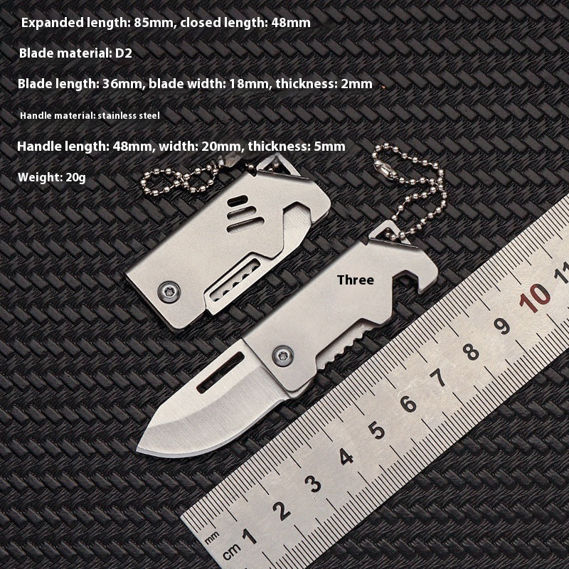 Mini EDC Folding Knife - D2 Steel Keychain Utility Tool with Bottle Opener
