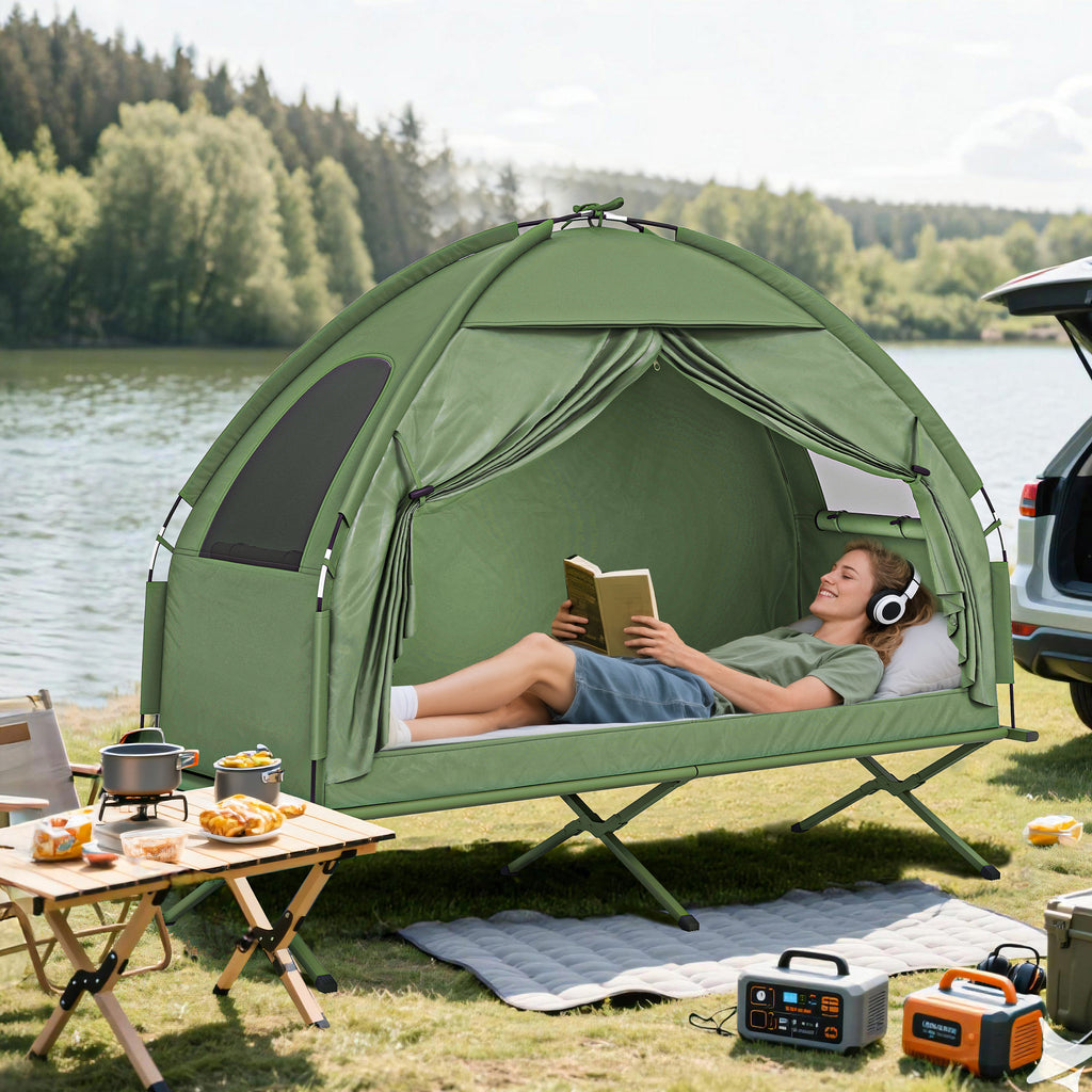 Camping Tent Cot - Single Person Elevated Folding Cot with Covered Tent & Carry Bag