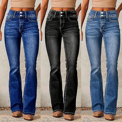 👖 Women’s Skinny Flared Jeans – Slim Fit Denim Pants with Pockets & Button Zipper