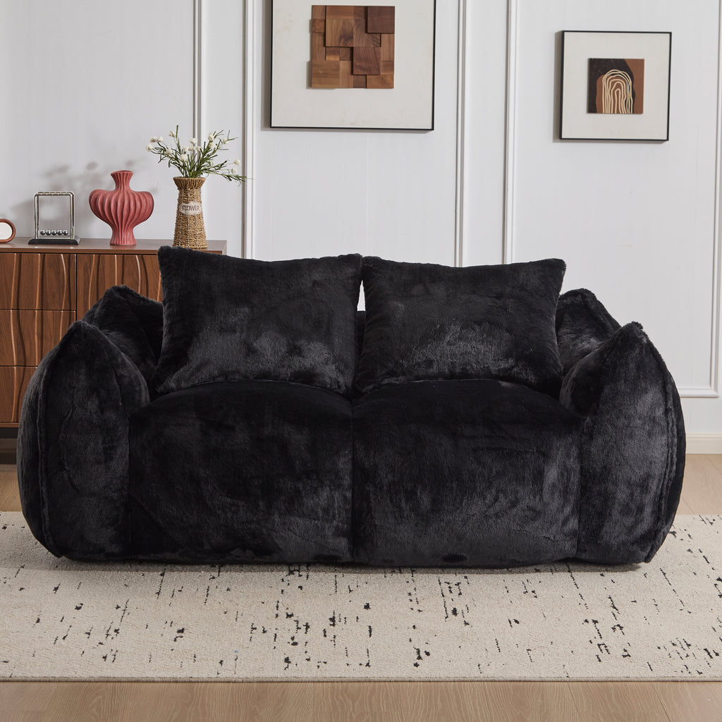 Giant Bean Bag Loveseat — Oversized Fluffy Sofa Chair with Pillows, Black