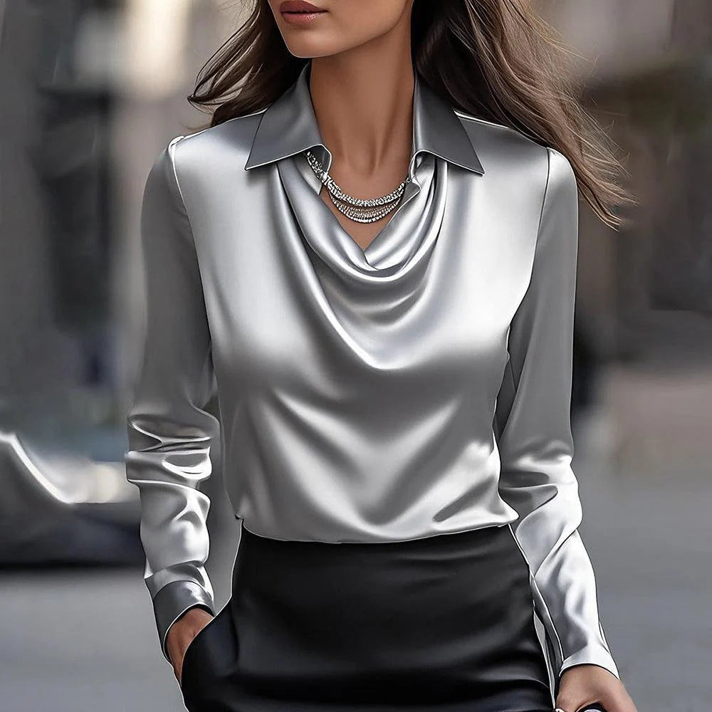 Women's Elegant Solid Satin Blouse with Draped Swing Collar