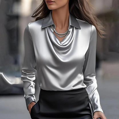 Women's Elegant Solid Satin Blouse with Draped Swing Collar