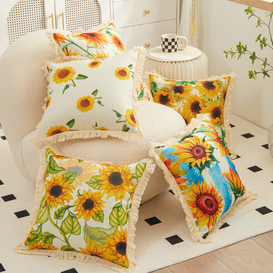 Tassel Sunflower Linen Printed Pillowcase Home Bedroom Bedside Soft Upholstery Pillow