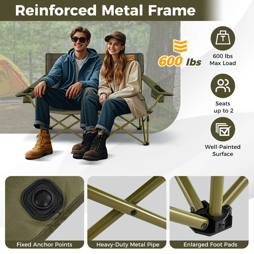 Double Camping Loveseat Chair - Oversized Folding Couch with Cup Holders, 660 lbs Capacity