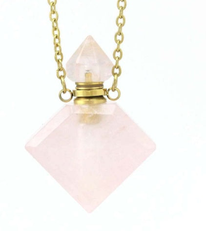 Natural Crystal Perfume Bottle Necklace - Diamond-Shaped Aromatherapy Pendant Jewelry
