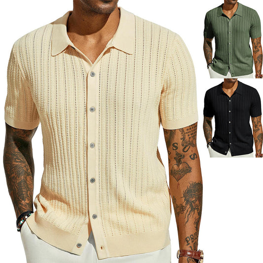 Men's Knitted Short Sleeve Button-Down Shirt, Solid Color