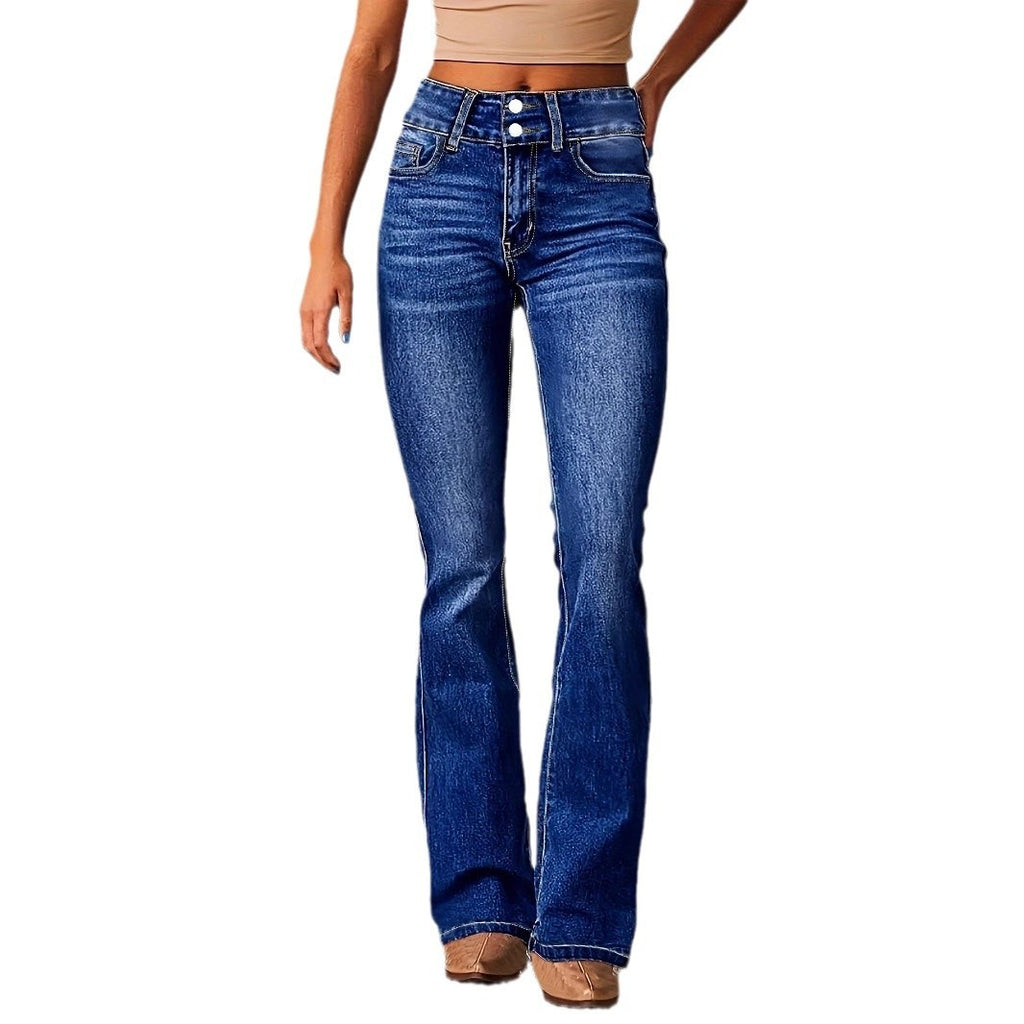 Women's Skinny Flared Jeans – Slim Fit Denim Pants with Pockets & Button Zipper