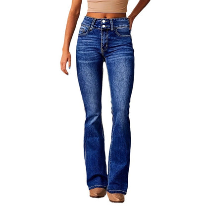 👖 Women’s Skinny Flared Jeans – Slim Fit Denim Pants with Pockets & Button Zipper