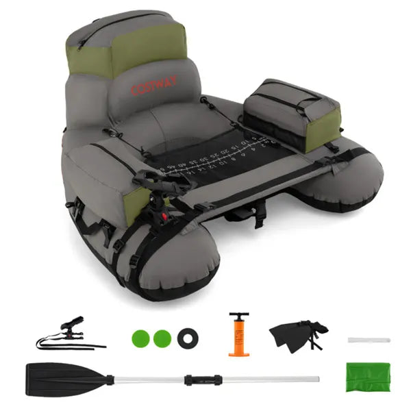 Inflatable Fishing Float Tube – 2 Air Chambers, Rod Holder & Fish Ruler, Green/Gray