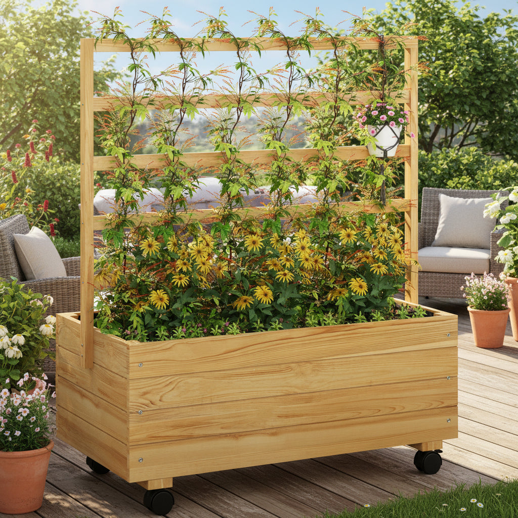 Mobile Raised Garden Bed with Trellis - Elevated Planter on Wheels