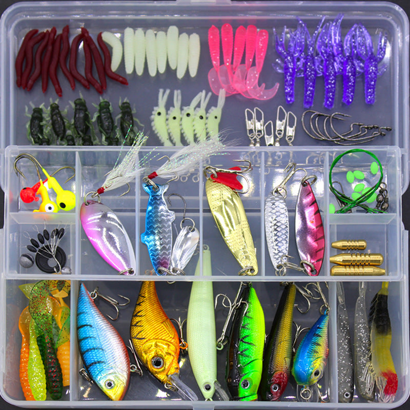 Beginner fishing kit with assorted colorful lures, hooks, weights, and soft baits in a clear plastic tackle box